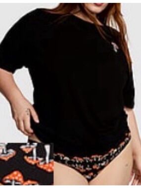 PINK vs Black Tee with Small Orange Mushroom Embroidery